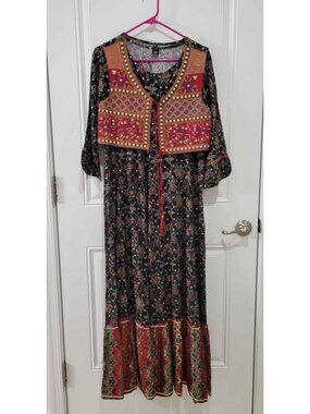 New Indian Ethnic Boho Floral Printed Maxi Dress with Embroidered Jacket XL